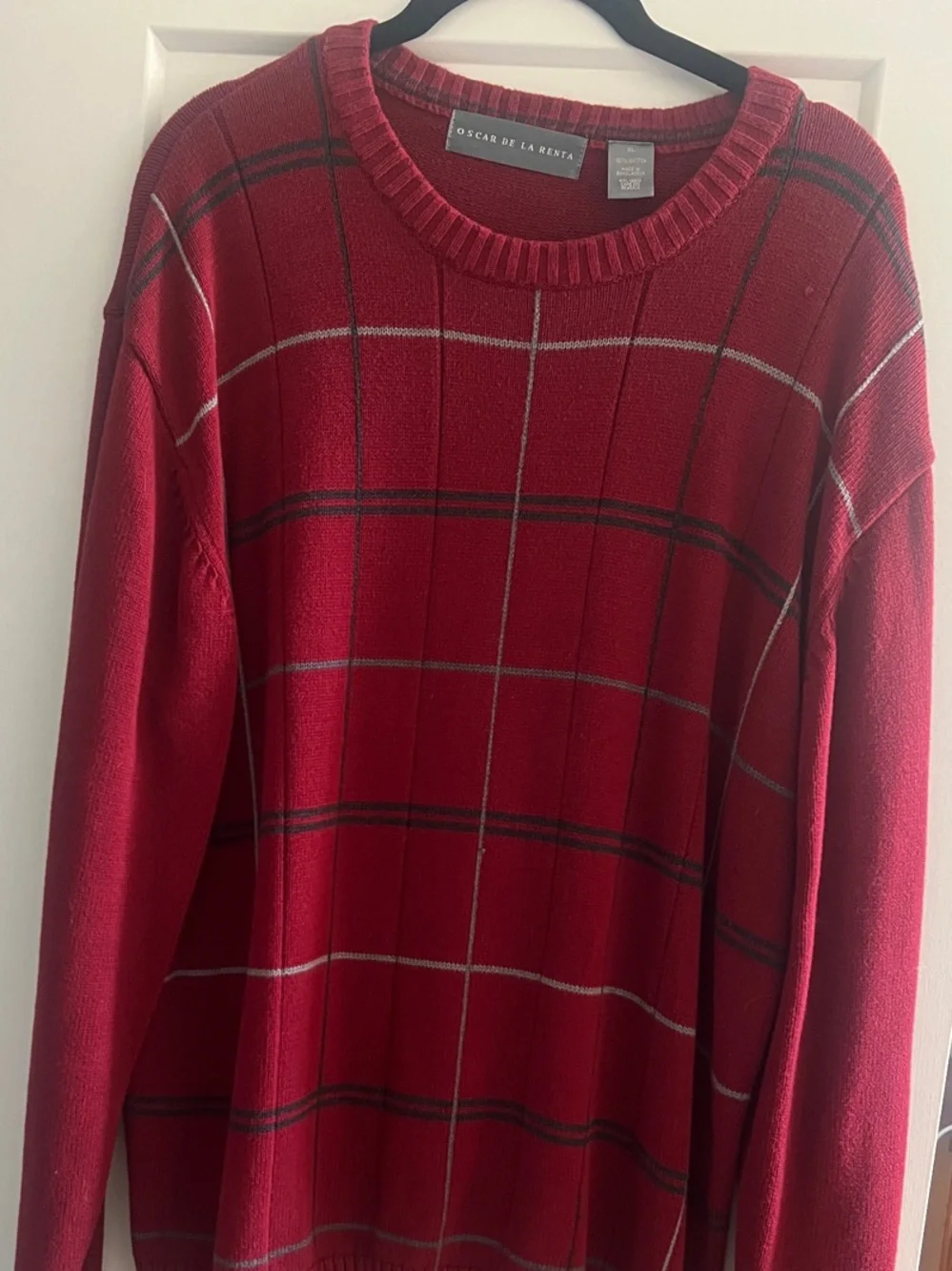 Vintage Oscar de la Renta Red Plaid Crewneck Sweater with Black and Gray pattern